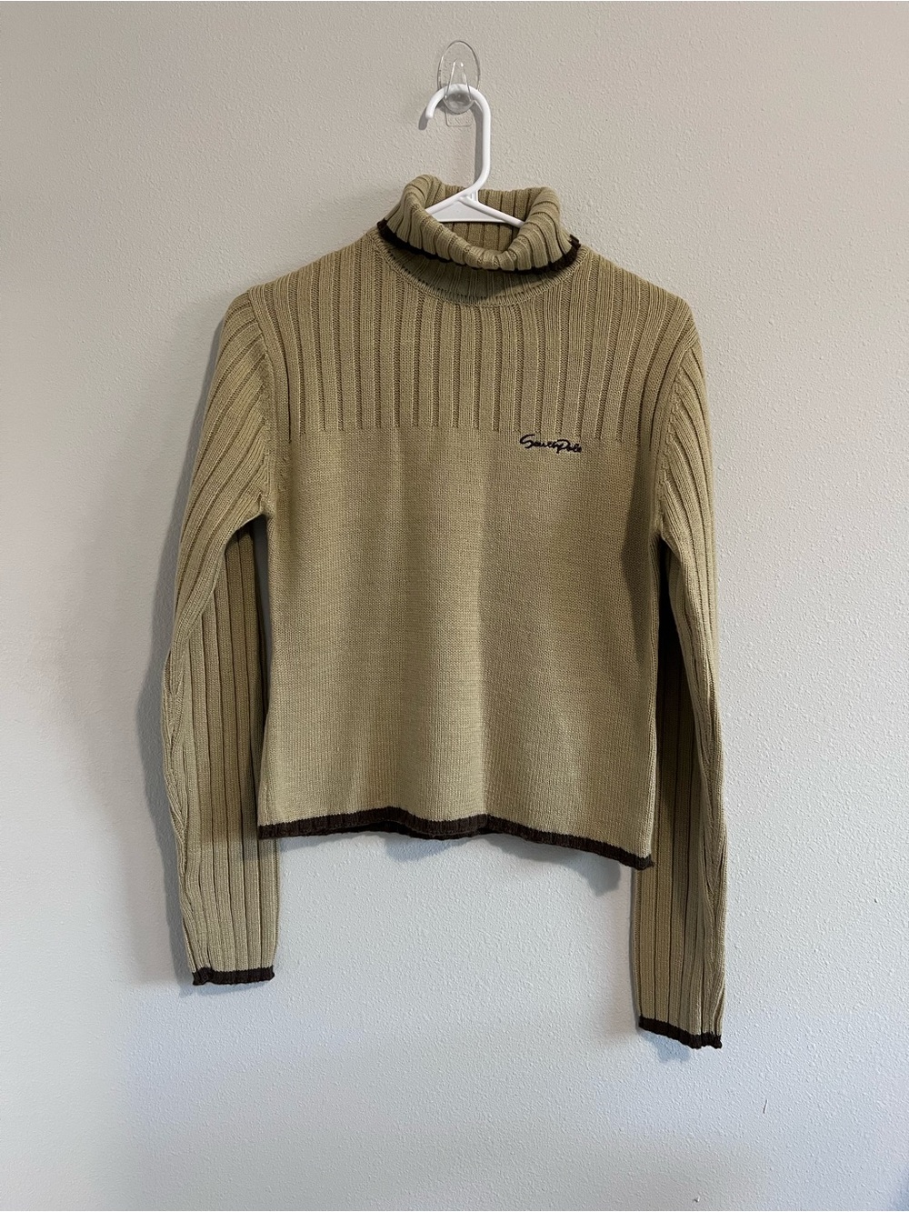 VTG Southpole Y2K Ribbed Turtleneck Sweater Cropped Khaki Tan Ringer Trim S/M